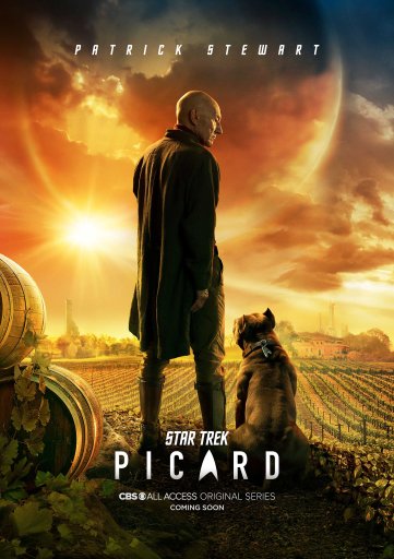 Poster for Star Trek Picard, showing Picard standing with his dog