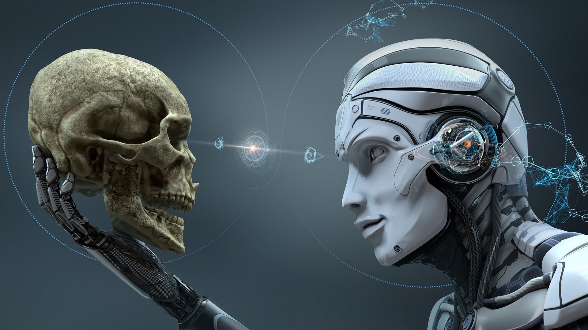 A robot holding and looking at a scull