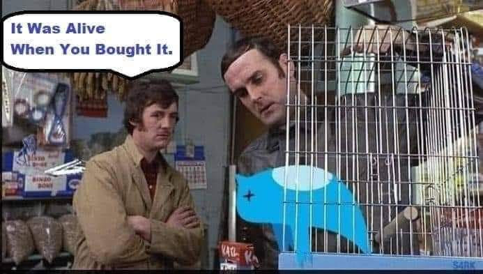 Dead bird scene from Monty Python but with the Twitter mascot in the cage