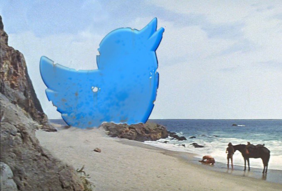 The Planet of the Apes ending, but with the old Twitter logo instead of the Statue of Liberty.