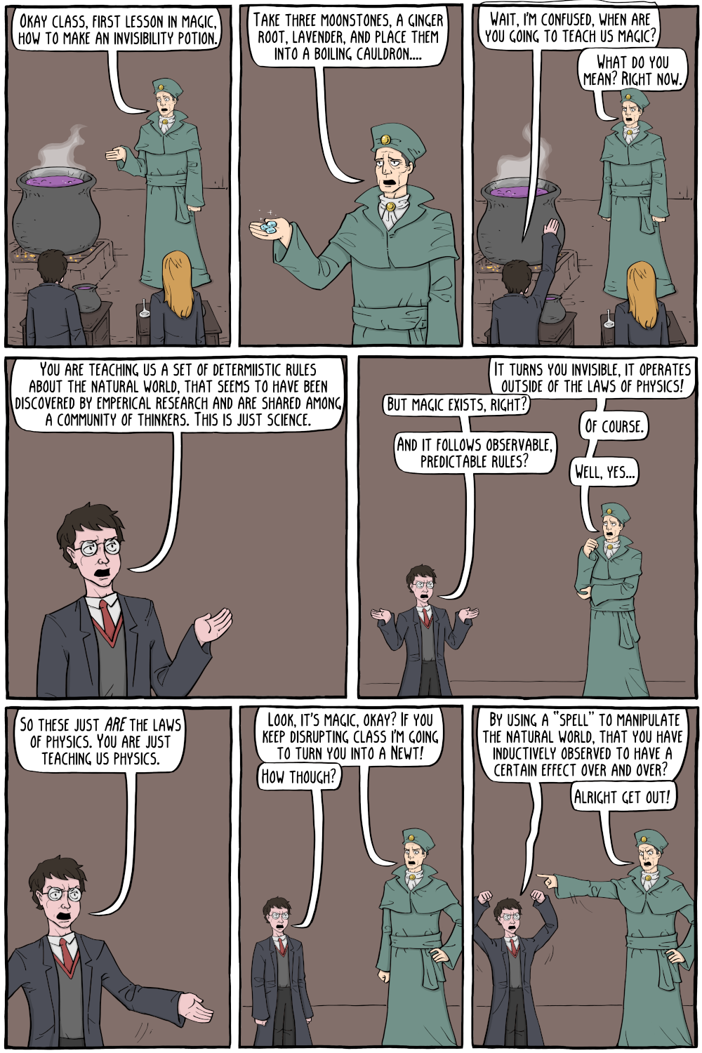 A comic of a student in a magic class (Harry Potter style) challenging the teacher that they're really just teaching a set of rules about the natural world discovered through experimentation, aka, science.