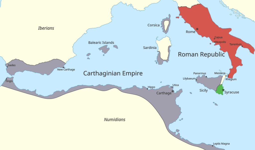 Map of the western Mediterranean Sea in 264 BC, focusing on the states involved in the First Punic War.
