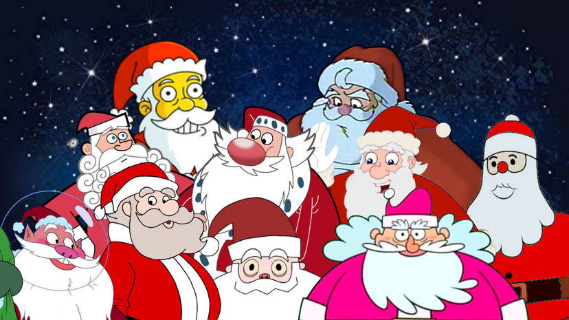 A group of comic Santa versions posing in a group portrait.