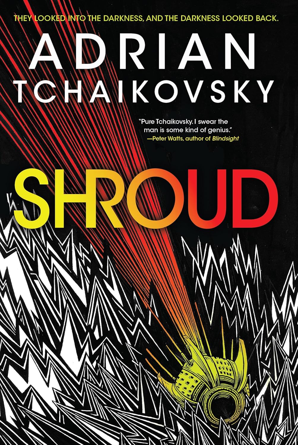 The cover of "Shroud" showing a human habitation pod on its dark surface, with a large red leg behind it.