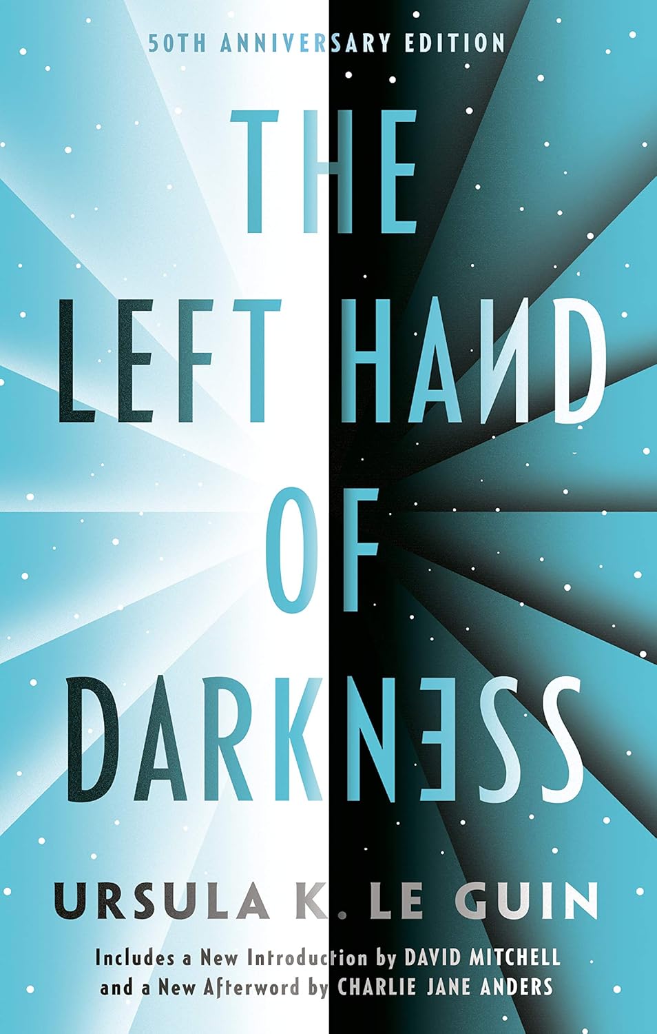 Cover of The Left Hand of Darkness showing the title in front of a light side on the left and a dark one on the right.