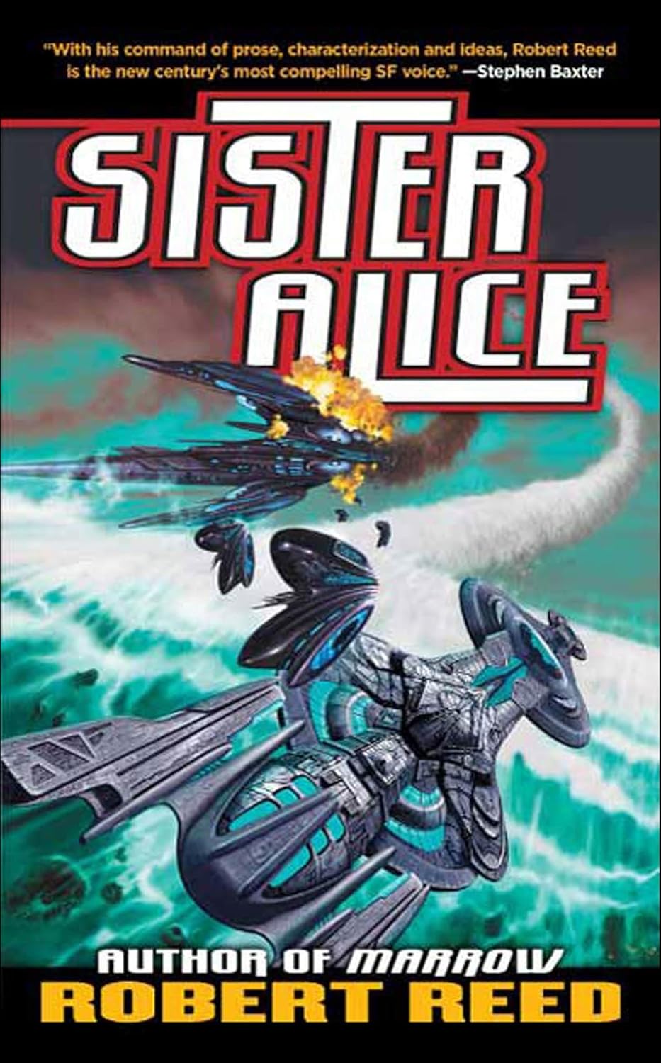 Cover for Sister Alice showing two spaceships battling over either water, in a nebula, or some other phenomena.
