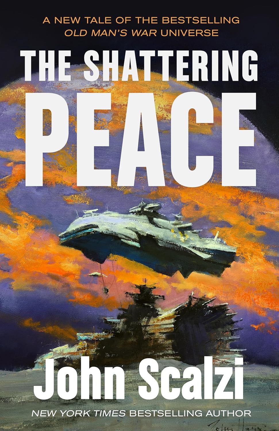 The cover of The Shattering Peace showing a spaceship over what looks like a wreck on a surface, with another alien planet in the background.