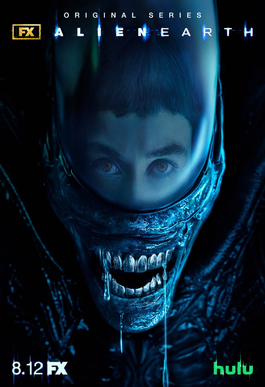 Poster for Alien: Earth showing the hybrid Wendy seemingly inside the head of a xenomorph.