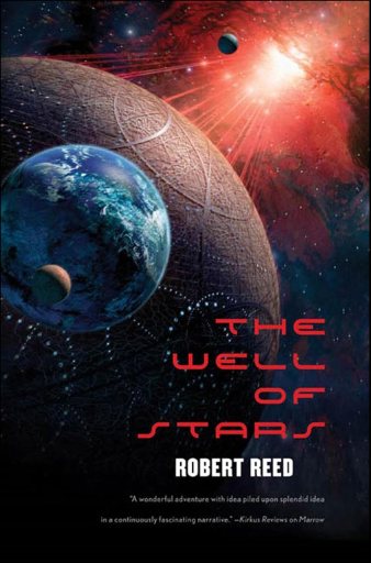 Cover for The Well of Stars, showing the great ship and some planets in front of a nebula.
