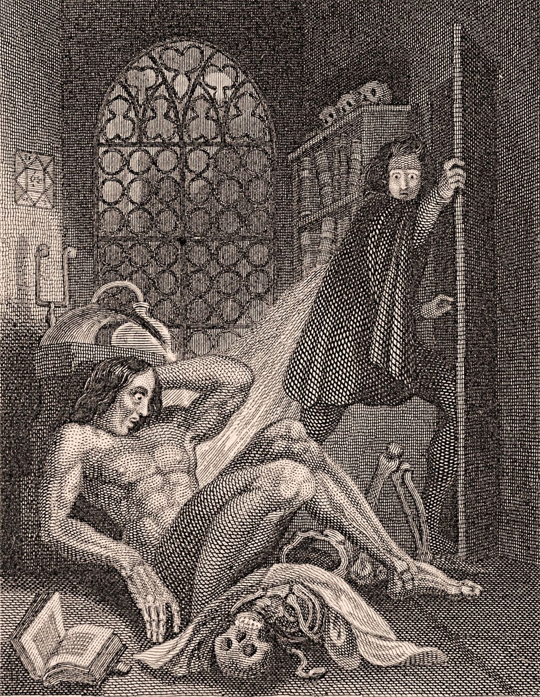 Front piece to the 1831 edition of Frankenstein, showing Victor fleeing from the creature as he awakens.