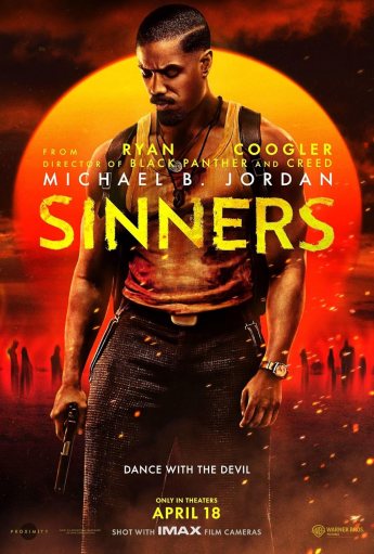 Poster for Sinners showing one of the twins, bloody, but holding a gun ready for action.