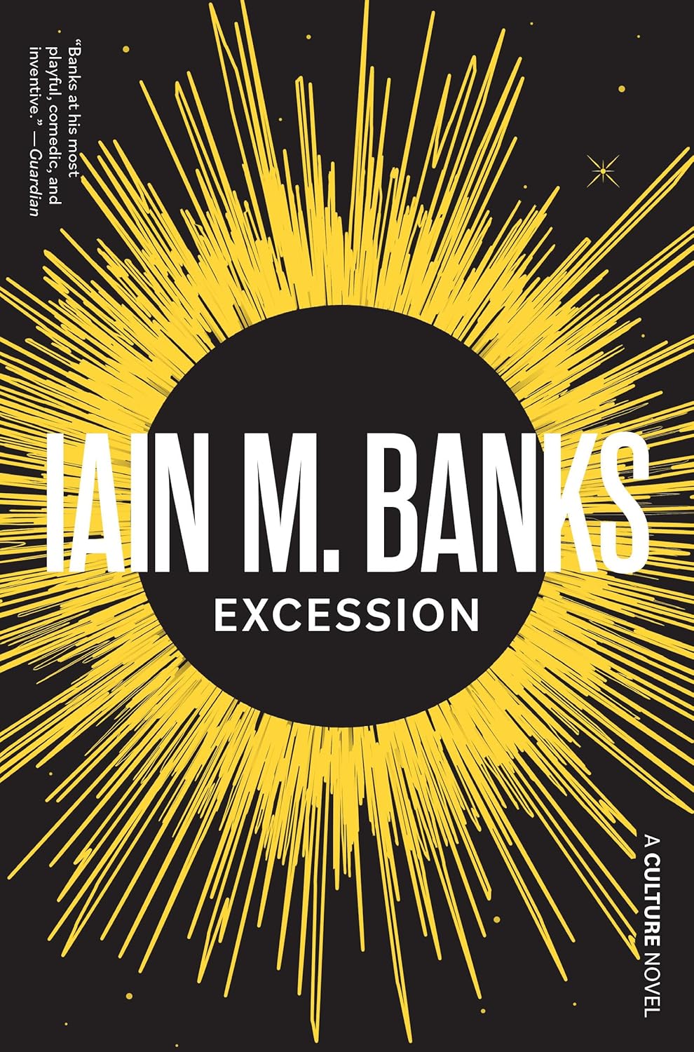 Cover of Excession by Iain Banks, showing a black sphere radiating yellow light or energy.