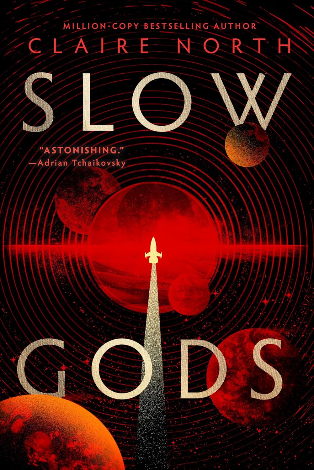 Cover of Slow Gods with a spaceship under thrust and multiple planets with a explosion in the distance.