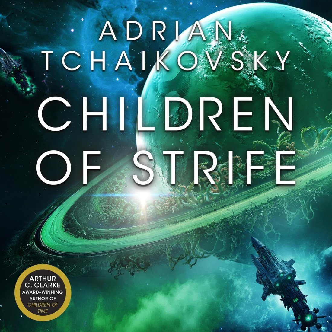 Cover for Children of Strife showing a spaceship approaching a green planet with a living ring around it.
