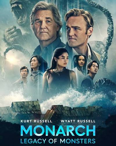 Poster for the TV show Monarch showing the major characters with a hazy image of King Kong and some kind of tentacled monster in the background.