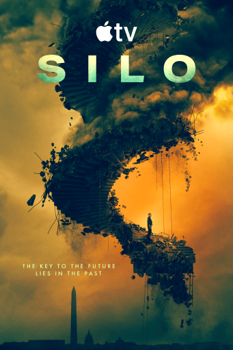 Silo season 3 poster, showing Juliette on a twisting crumbling staircase floating in the air against an apocalyptic sky.