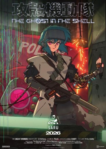 The Ghost in the Shell poster showing Motoko holding a weapon with her cybernetics obvious.